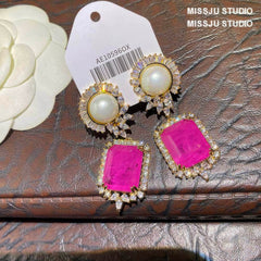 Pearl Crystal Studded Dangle Hot Pink Earrings Pink
