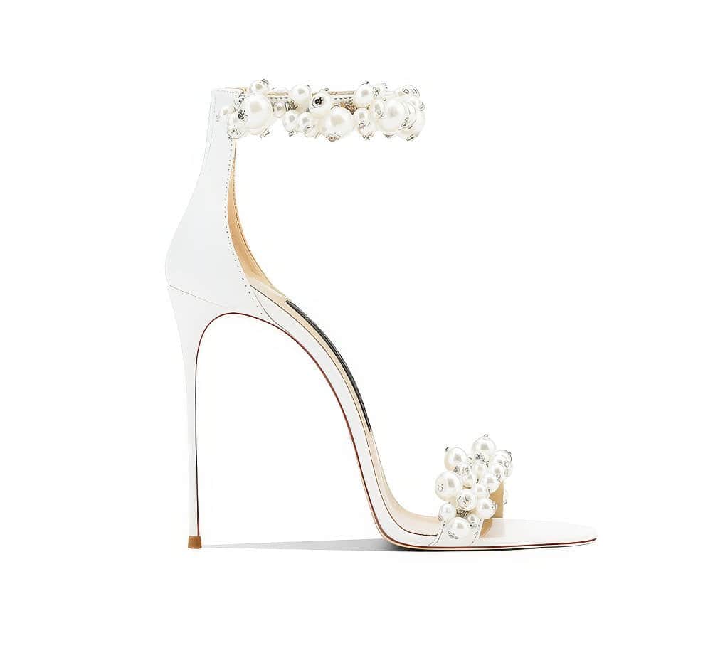 Pearl Decor Open Toe Ankle Strap Heels EU 33 / White / 6CM