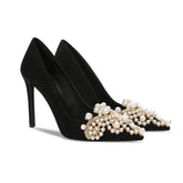 Pearl Decorated Rhinestone Pointy Toe Court Heels EU 31 / Black / 6.5CM