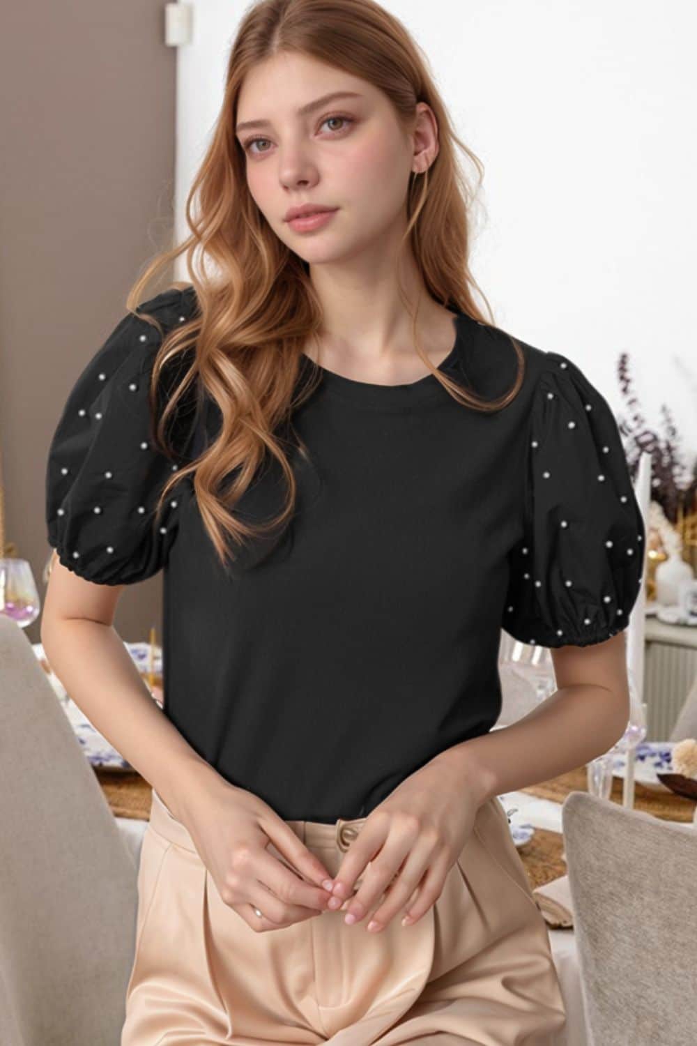 Pearl Detail Round Neck Short Sleeve Blouse Black / S
