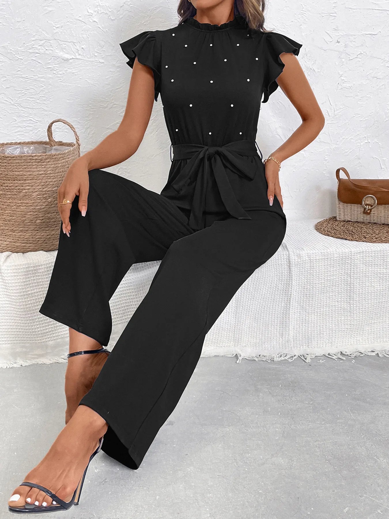 Pearl Detail Ruffled Cap Sleeve Jumpsuit