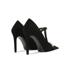 Pearl Detailed Pointy Toe Ankle Strap Heels