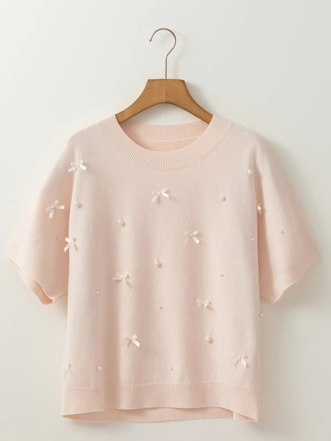 Pearl Embellished Bow Detail Short Sleeve Sweater
