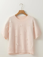 Pearl Embellished Bow Detail Short Sleeve Sweater