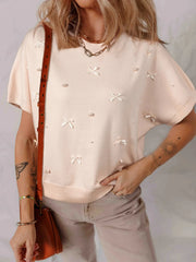Pearl Embellished Bow Detail Short Sleeve Sweater Oatmeal / S