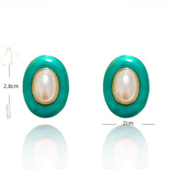 Pearl Embellished Oval Enamel Gold-Toned Earrings