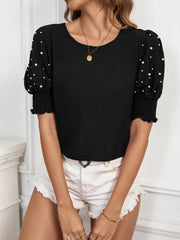 Pearl Embellished Puff Sleeve Blouse Black / XS