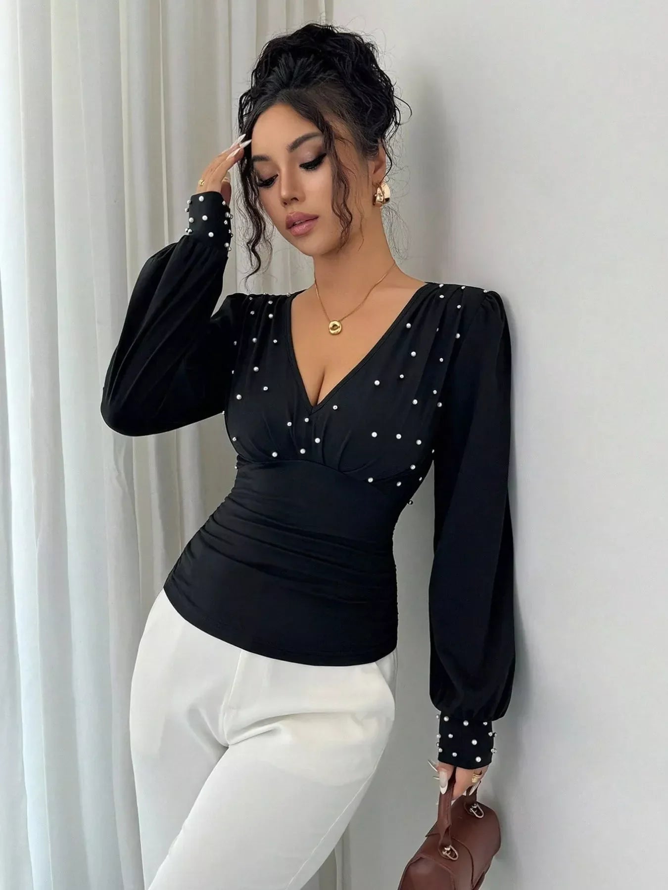 Pearl Embellished V-Neck Blouse
