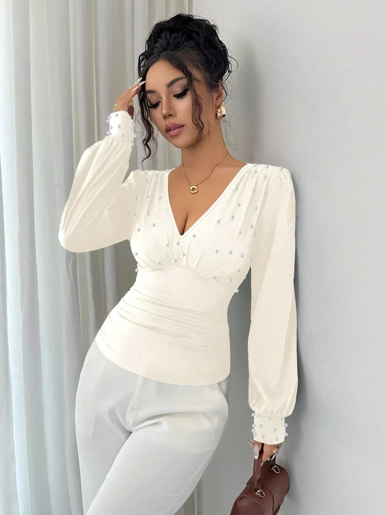 Pearl Embellished V-Neck Blouse