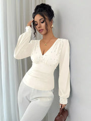 Pearl Embellished V-Neck Blouse
