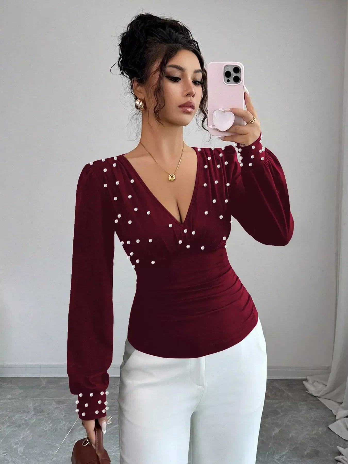 Pearl Embellished V-Neck Blouse