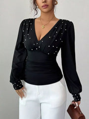 Pearl Embellished V-Neck Blouse Black / S