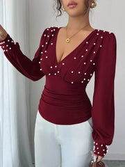 Pearl Embellished V-Neck Blouse Burgundy / S