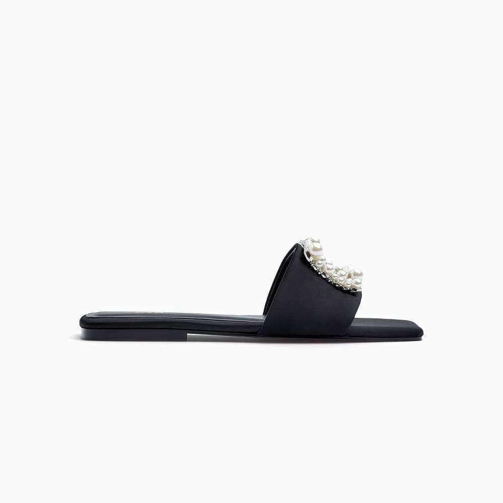 Pearl Rhinestone Decor Slide In Flat Mules