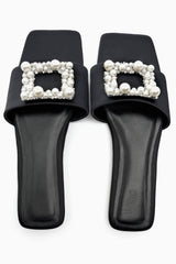 Pearl Rhinestone Decor Slide In Flat Mules