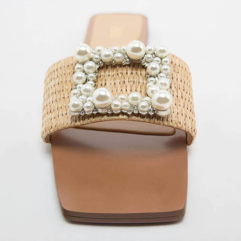 Pearl Rhinestone Decor Slide In Flat Mules