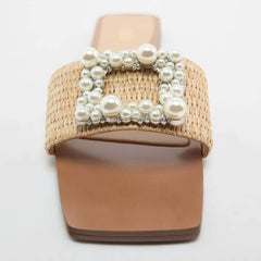 Pearl Rhinestone Decor Slide In Flat Mules