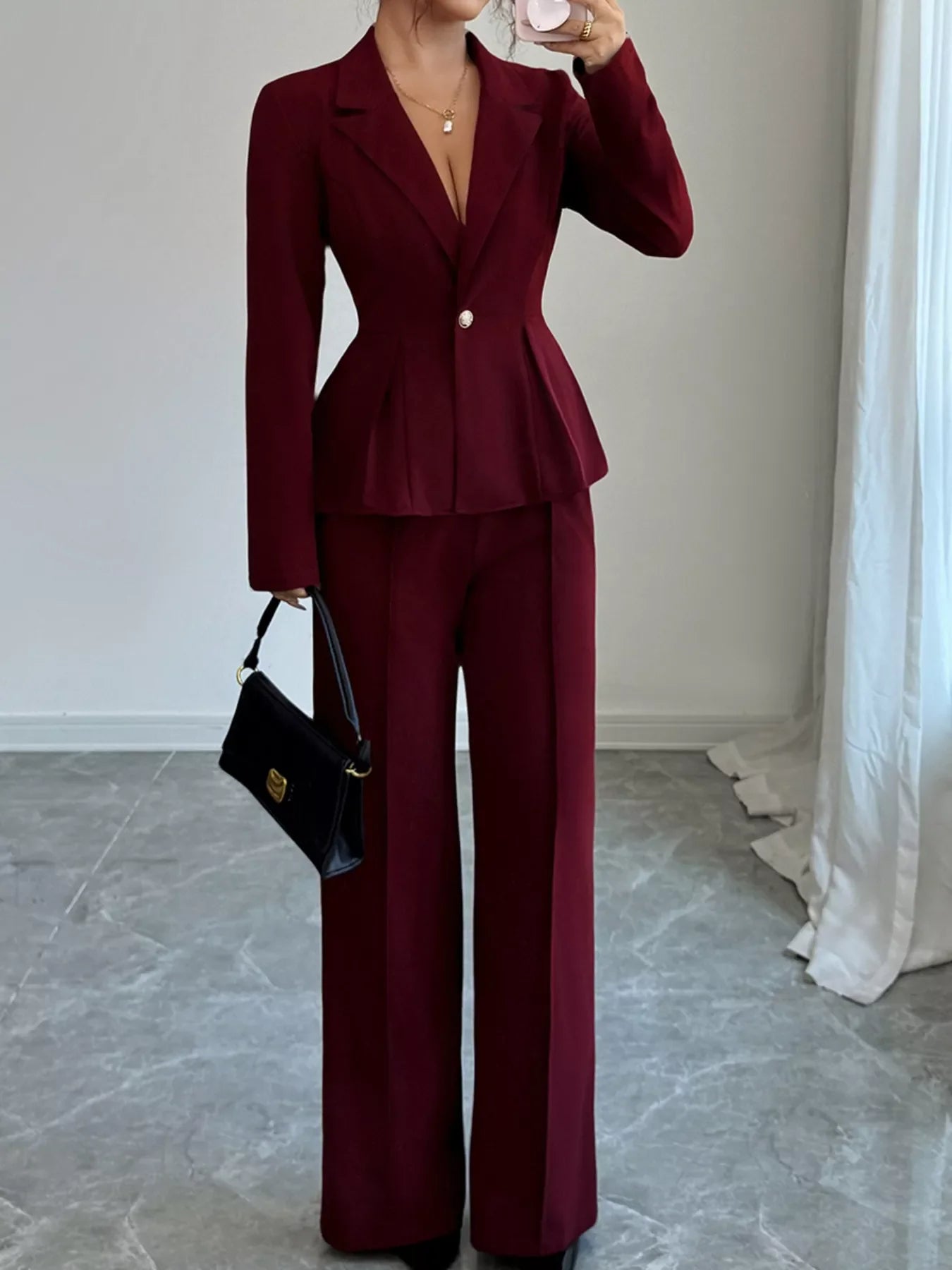 Peplum Blazer & Wide Leg Pants Set Burgundy / S