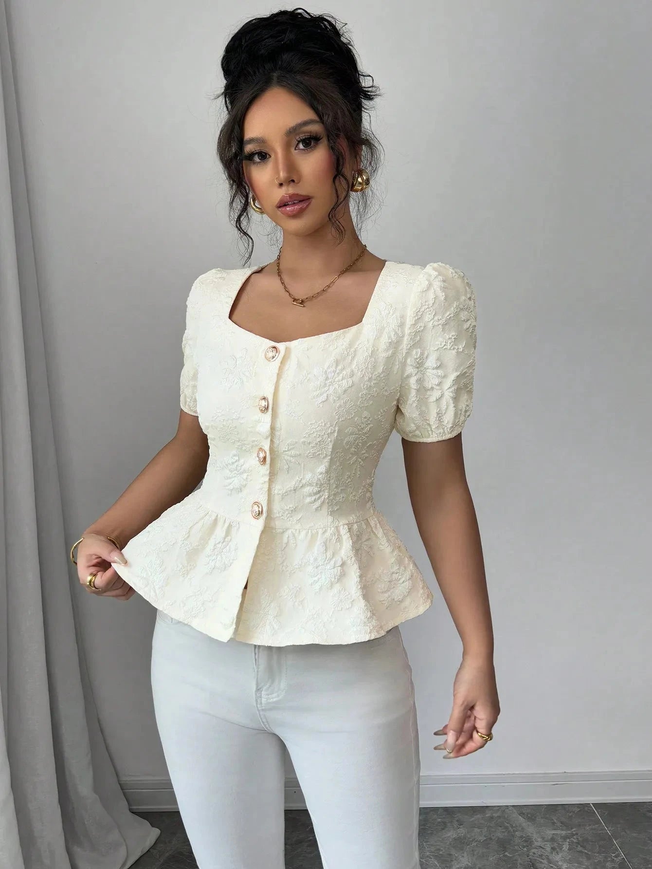 Peplum Button-Front Blouse