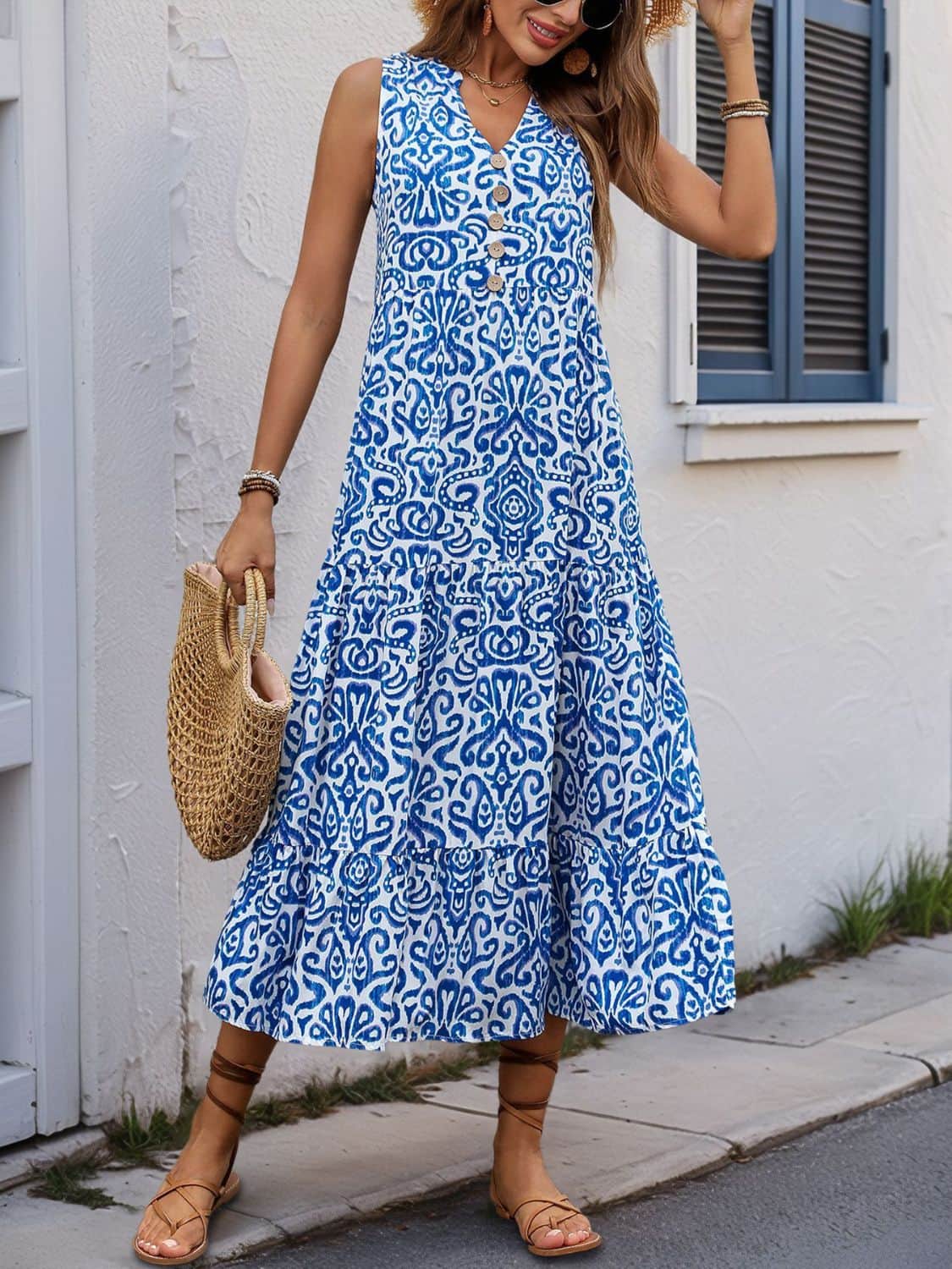 Perfee Decorative Button Printed Notched Sleeveless Midi Dress Blue / S