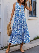 Perfee Decorative Button Printed Notched Sleeveless Midi Dress Blue / S