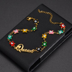 Personalized Custom Name Bracelet - Stainless Steel with Color Oil Blue Eyes Letter, Handmade Link Chain Bangle Color Eyes chain / 9cm / gold color