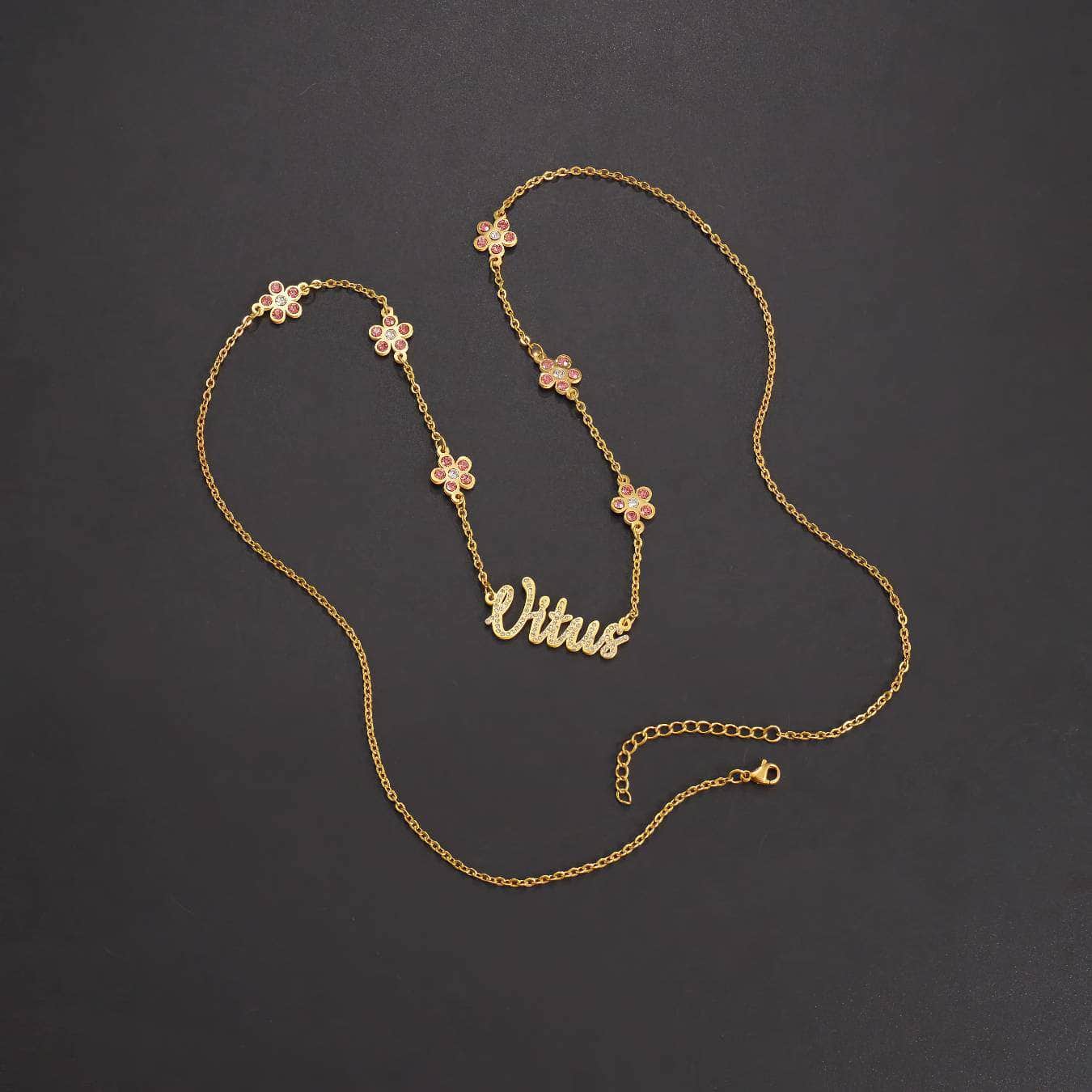 Personalized Zircon Custom Flower Name Necklace for Women - Stainless Steel Link Chain with Bling Stone Letter Pendant