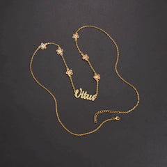 Personalized Zircon Custom Flower Name Necklace for Women - Stainless Steel Link Chain with Bling Stone Letter Pendant