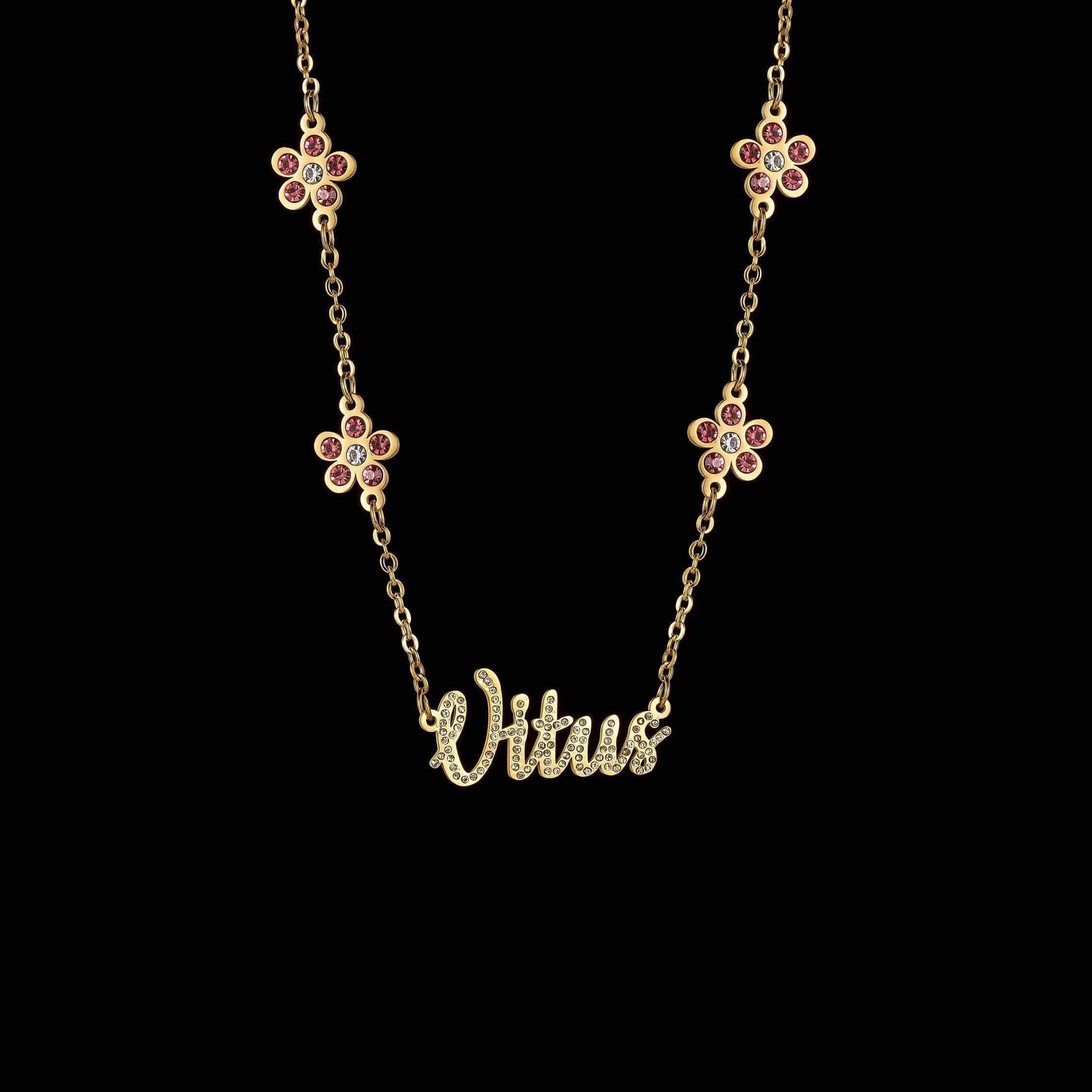 Personalized Zircon Custom Flower Name Necklace for Women - Stainless Steel Link Chain with Bling Stone Letter Pendant