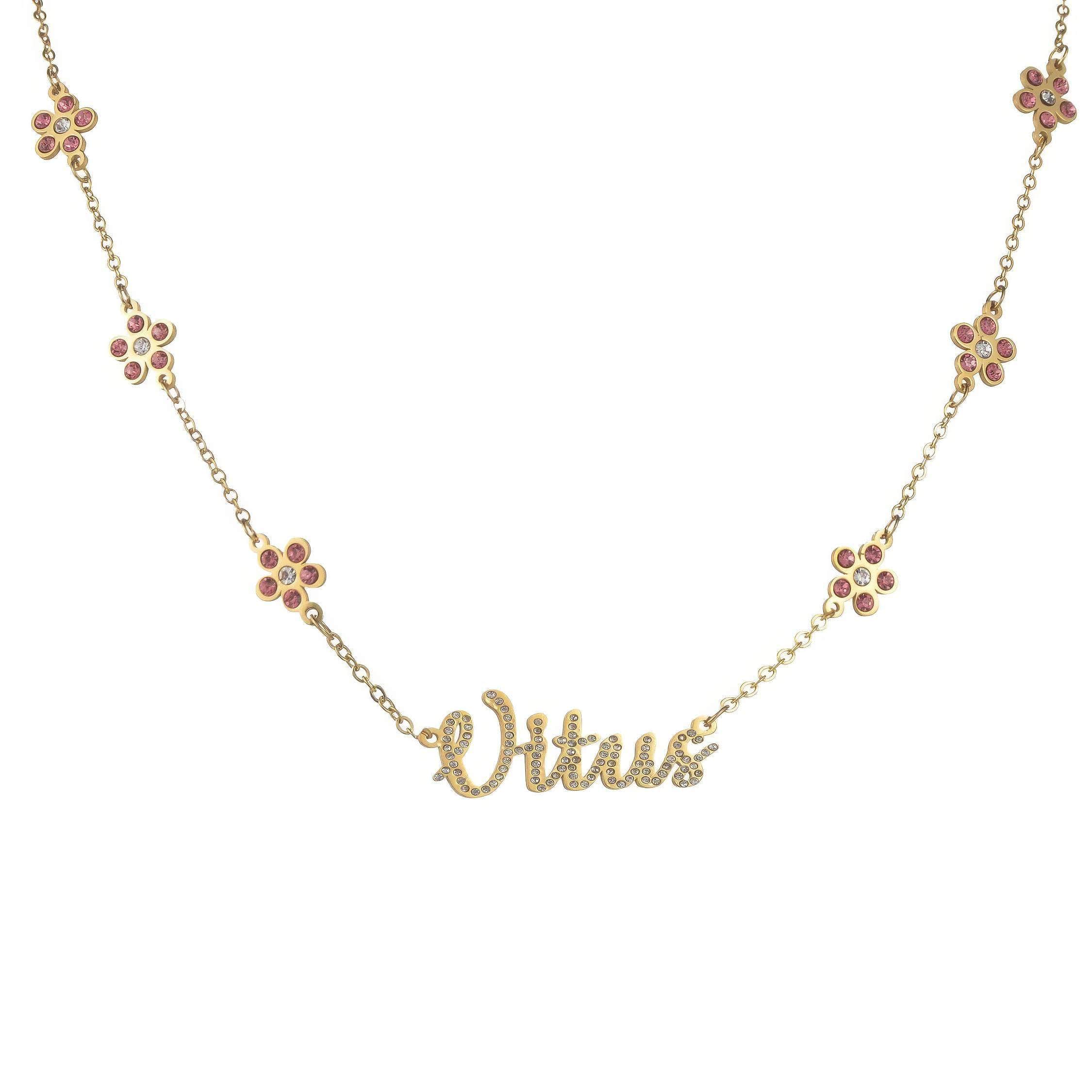 Personalized Zircon Custom Flower Name Necklace for Women - Stainless Steel Link Chain with Bling Stone Letter Pendant Flower / silver color / 35cm