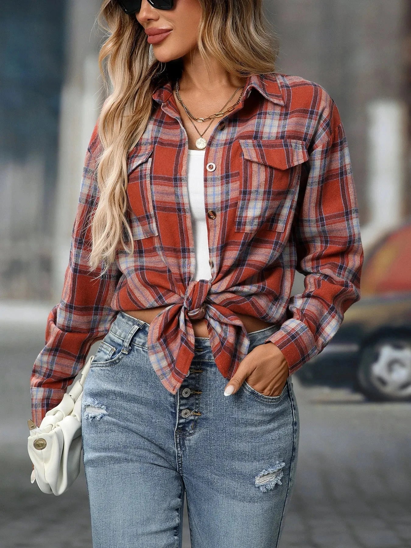 Plaid Button-Down Oversized Shirt Caramel Color / S