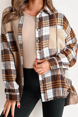 Plaid Button Up Long Sleeve Shacket Khaki / S