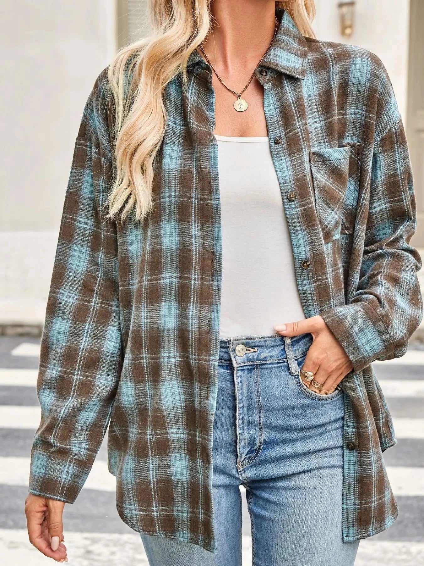 Plaid Button Up Long Sleeve Shirt Turquoise / S