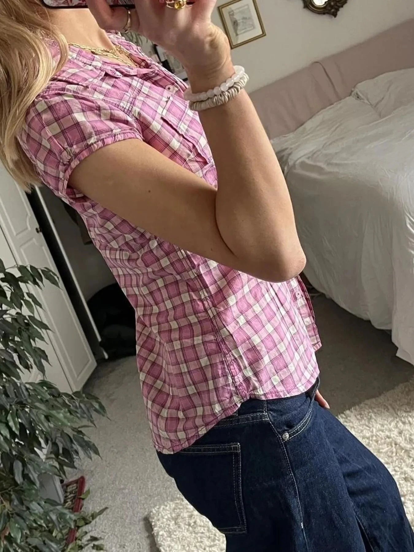 Plaid Cap Sleeve Button-Up Shirt