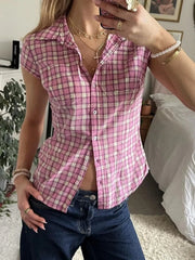 Plaid Cap Sleeve Button-Up Shirt