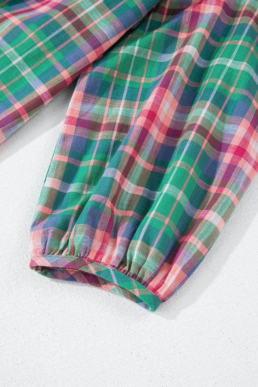 Plaid Collared Neck Three-Quarter Sleeve Shirt