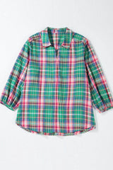 Plaid Collared Neck Three-Quarter Sleeve Shirt