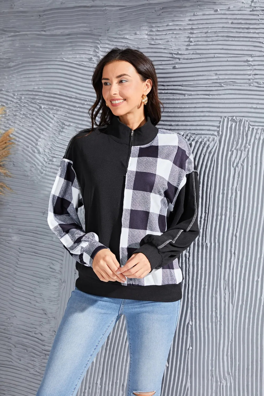Plaid Exposed Seam Long Sleeve Blouse Black / S
