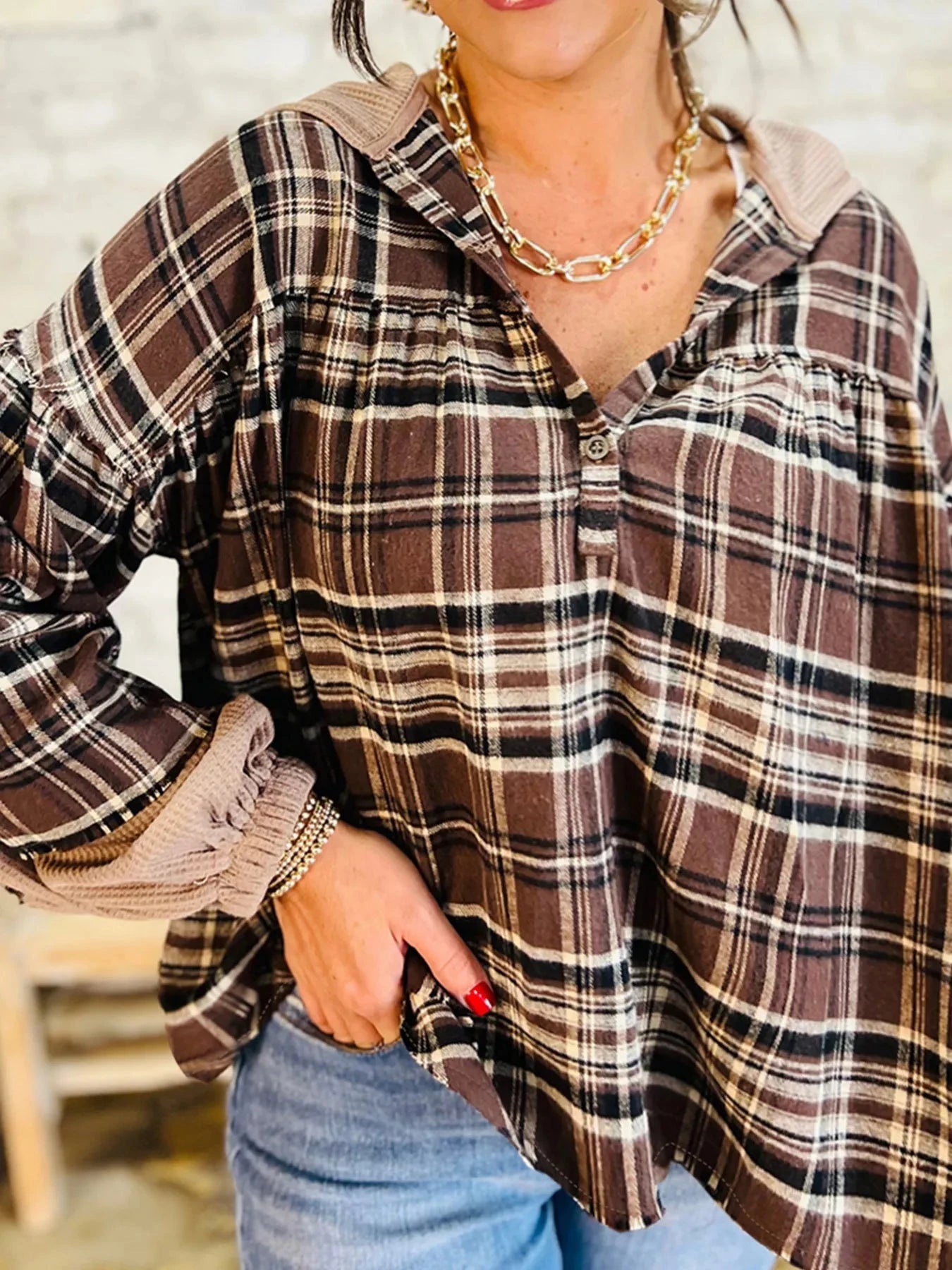 Plaid Patchwork Long Sleeve Hooded Top Brown / S