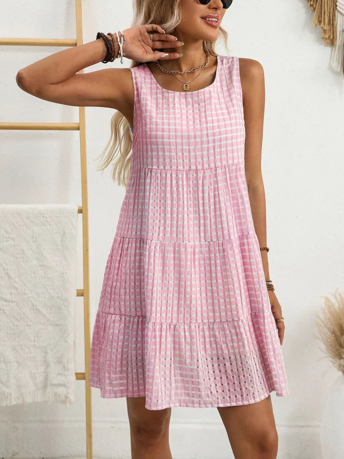 Plaid Round Neck Sleeveless Mini Dress