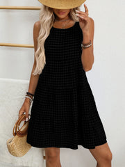 Plaid Round Neck Sleeveless Mini Dress Black / S