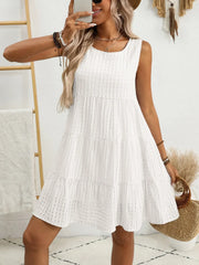 Plaid Round Neck Sleeveless Mini Dress White / S
