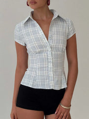 Plaid Short Sleeve Button-Up Shirt Light Blue / S