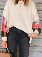 Plaid Sleeve Contrast Casual Sweatshirt Beige / S