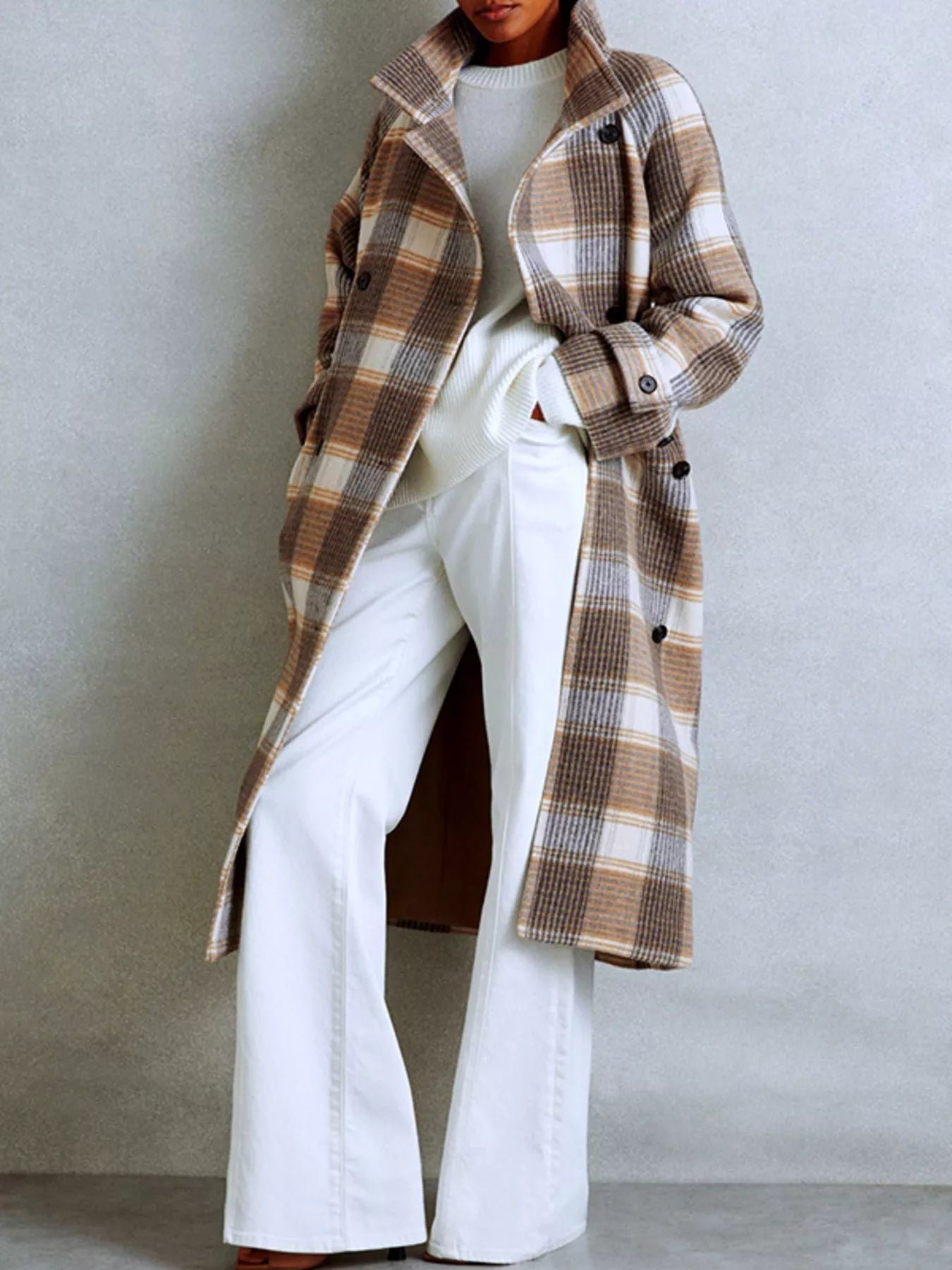 Plaid Tie Waist Double-Breasted Coat Tan / S