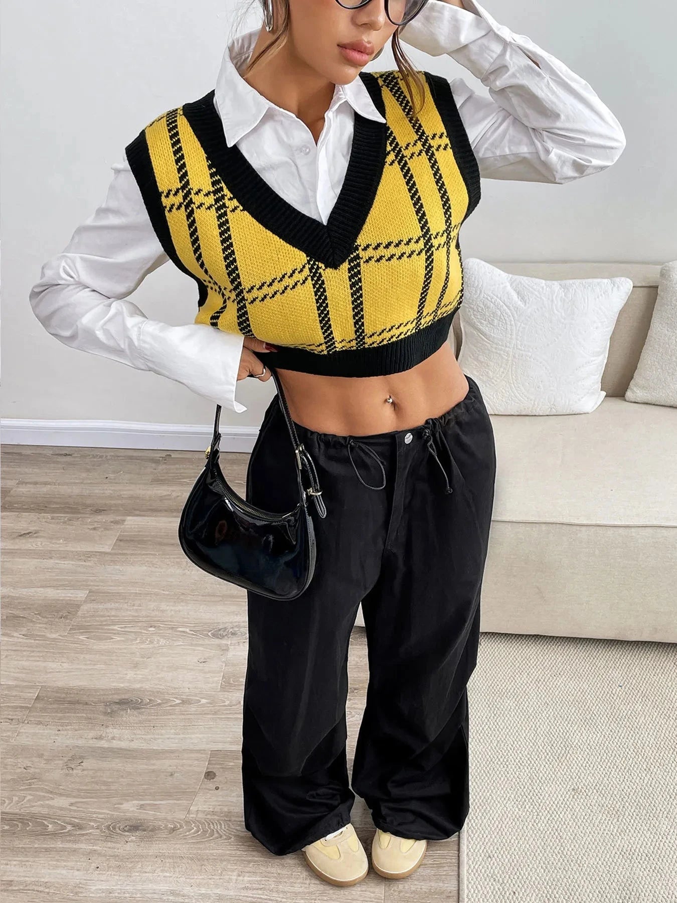 Plaid V-Neck Cropped Sweater Vest