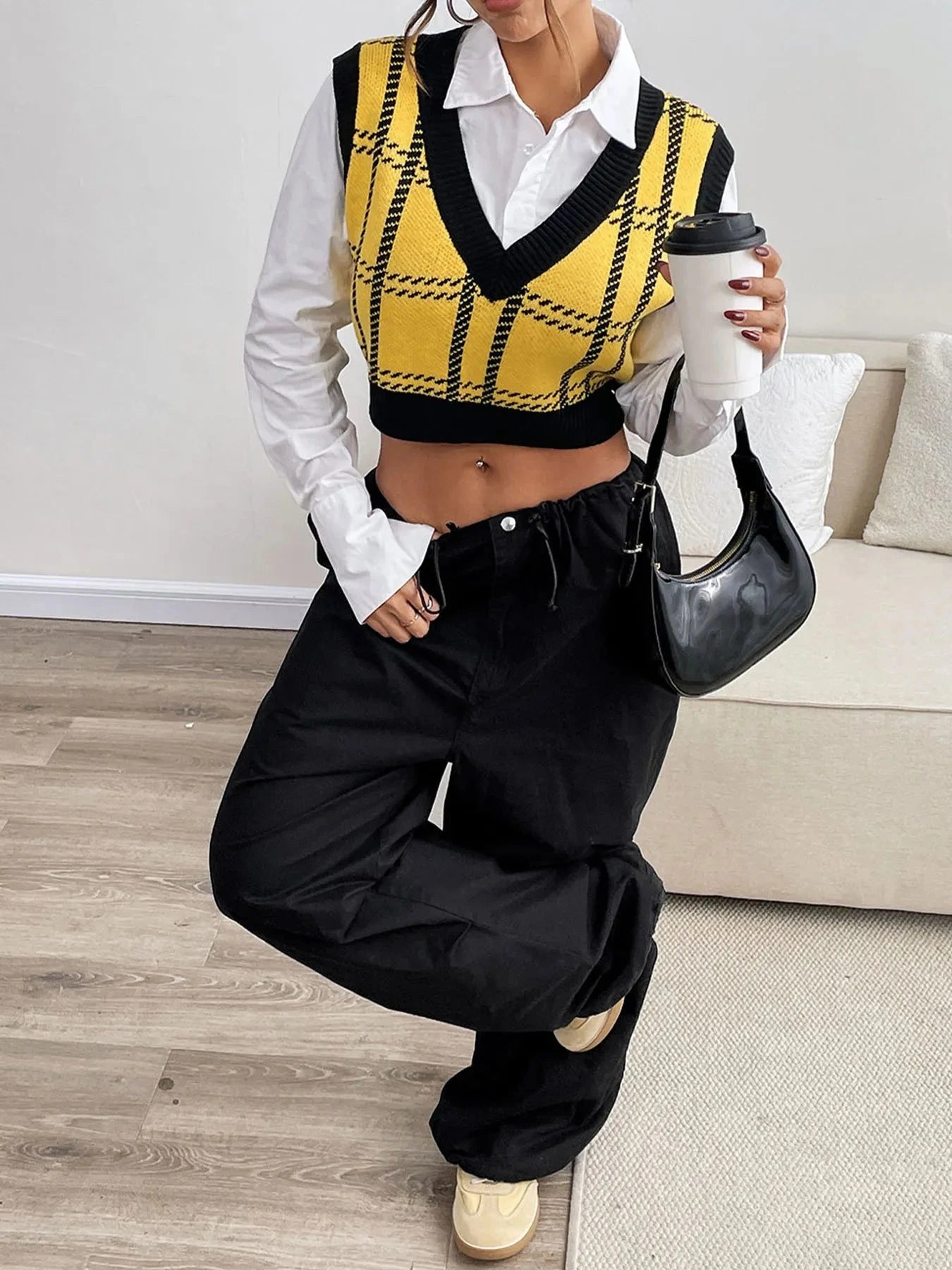 Plaid V-Neck Cropped Sweater Vest