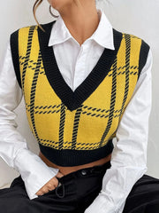 Plaid V-Neck Cropped Sweater Vest