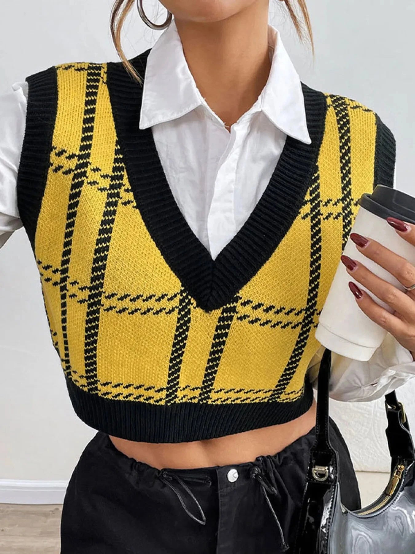 Plaid V-Neck Cropped Sweater Vest Yellow / S