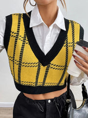 Plaid V-Neck Cropped Sweater Vest Yellow / S